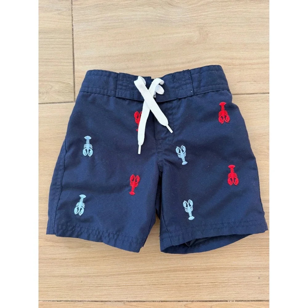 Janie and Jack Boys Navy Blue Lobster Embroidered Swim Trunks 6-12 Months